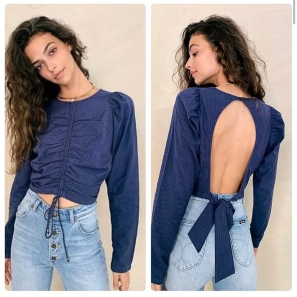 Navy Blue Ruched Open-Back Top